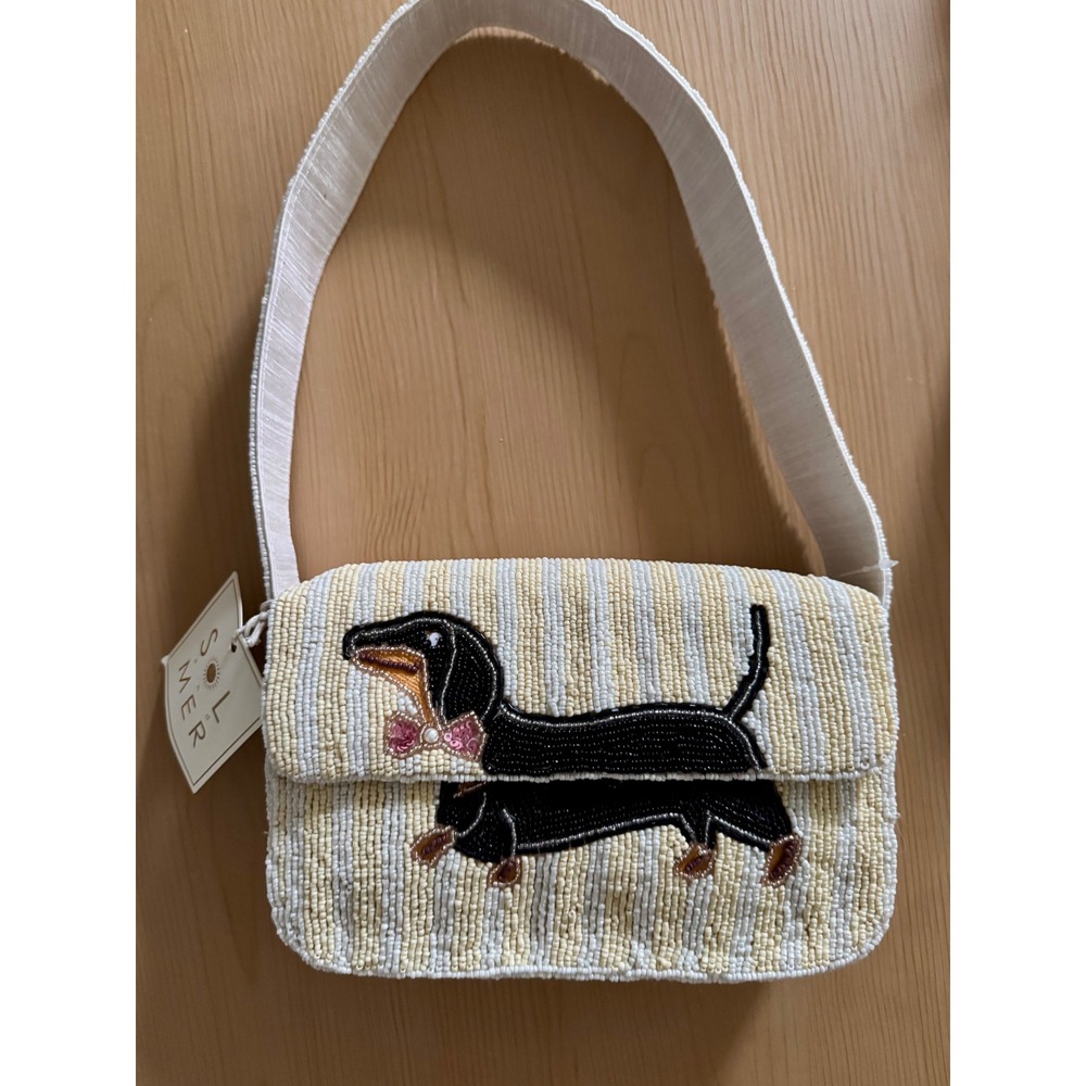 Viral Sol Mer Beaded Dachshund Wiener Dog Shoulder Bag Striped Novelty Purse NWT